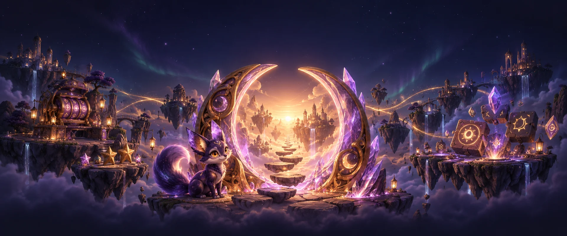 A violet cosmic fox guards a golden moon portal between floating slot and puzzle islands