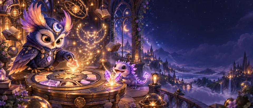 A mystical owl and little salamander in the quiet Game Lounge